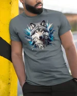 Majestic Wolf Spirit Splash Art Tee - model leaning on yellow-black pole, wearing Gray T-shirt, hand in pocket