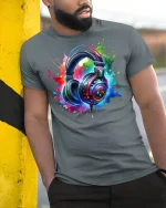 Colorful Headphones Splash Art Music Lover Tee - model leaning on yellow-black pole, wearing Gray T-shirt, hand in pocket