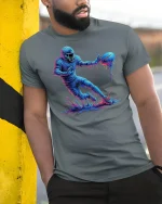 Neon Football Player Splash Art T-shirt - model leaning on yellow-black pole, wearing Gray T-shirt, hand in pocket