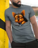 Lazy Laptop Dog Funny Graphic T-shirt - model leaning on yellow-black pole, wearing Gray T-shirt, hand in pocket
