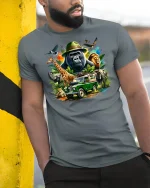 Safari Wildlife Adventure Animals Graphic T-shirt - model leaning on yellow-black pole, wearing Gray T-shirt, hand in pocket