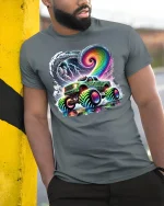 Neon Storm Monster Truck T-shirt - model leaning on yellow-black pole, wearing Gray T-shirt, hand in pocket