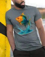 Splash Jump Goldfish Graphic Printed T-shirt - model leaning on yellow-black pole, wearing Gray T-shirt, hand in pocket
