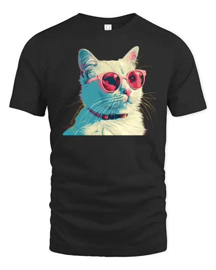 Cool Cat Sunglasses Art T-Shirt - black t-shirt on white background