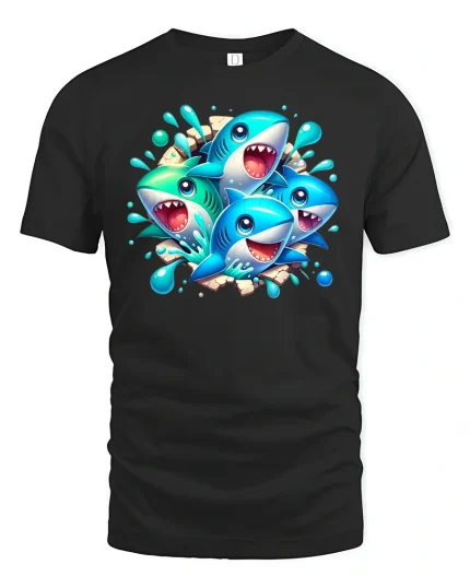 Funny Cartoon Shark Splash Party T-Shirt - black t-shirt on white background