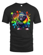 Funny Tennis Gorilla Rainbow T-Shirt - black t-shirt on white background