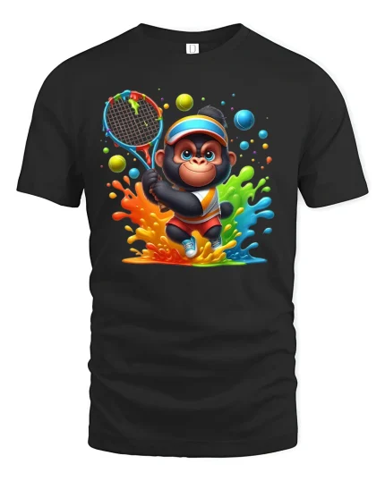 Cute Tennis Chimp Rainbow Tee - black t-shirt on white background
