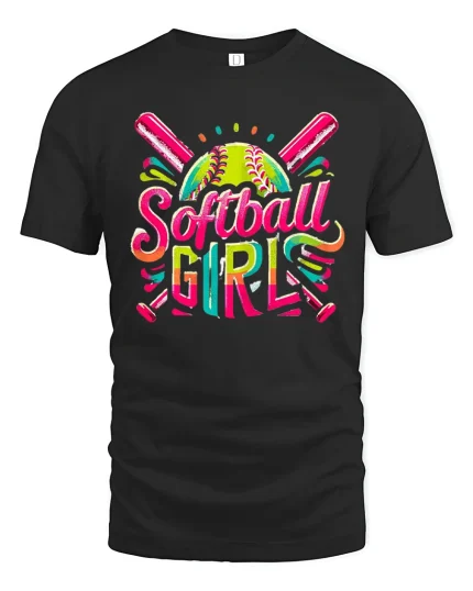 Colorful Softball Girl Graphic Tee - black t-shirt on white background