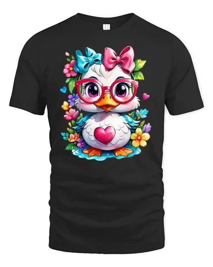 Cute Cartoon Duck Glasses Heart T-Shirt - black t-shirt on white background