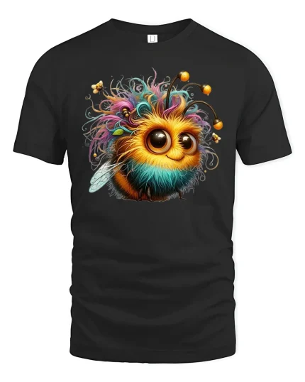 Cute Fuzzy Bee Big Eyes T-Shirt - black t-shirt on white background