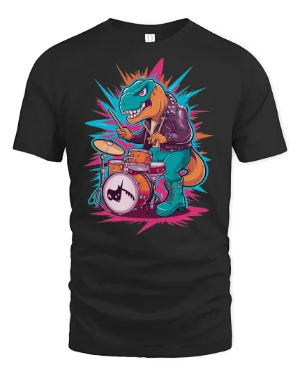 Rock Drummer Dinosaur Funny Art T-Shirt - black t-shirt on white background