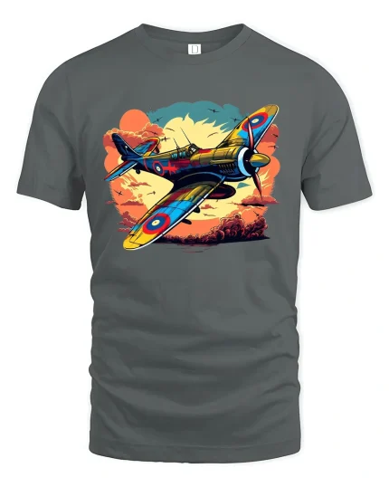 Vintage Fighter Plane Sunset Art T-Shirt - gray t-shirt on white background