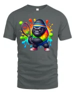 Funny Tennis Gorilla Rainbow T-Shirt - gray t-shirt on white background