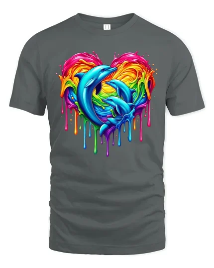 Rainbow Dolphin Heart Drip T-Shirt - gray t-shirt on white background