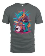 Rock Drummer Dinosaur Funny Art T-Shirt - gray t-shirt on white background