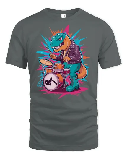 Rock Drummer Dinosaur Funny Art T-Shirt - gray t-shirt on white background