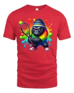 Funny Tennis Gorilla Rainbow T-Shirt - red t-shirt on white background