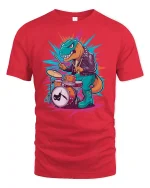 Rock Drummer Dinosaur Funny Art T-Shirt - red t-shirt on white background