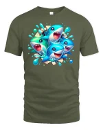 Funny Cartoon Shark Splash Party T-Shirt - military green t-shirt on white background