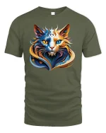 Abstract Colorful Cat Face Artistic T-Shirt - military green t-shirt on white background