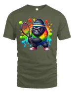 Funny Tennis Gorilla Rainbow T-Shirt - military green t-shirt on white background