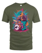 Rock Drummer Dinosaur Funny Art T-Shirt - military green t-shirt on white background