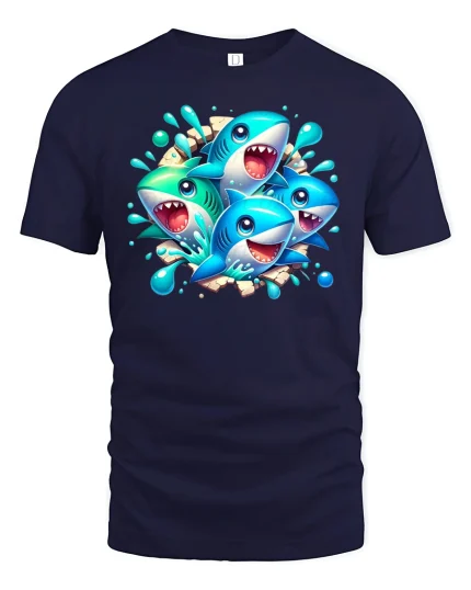 Funny Cartoon Shark Splash Party T-Shirt - navy t-shirt on white background