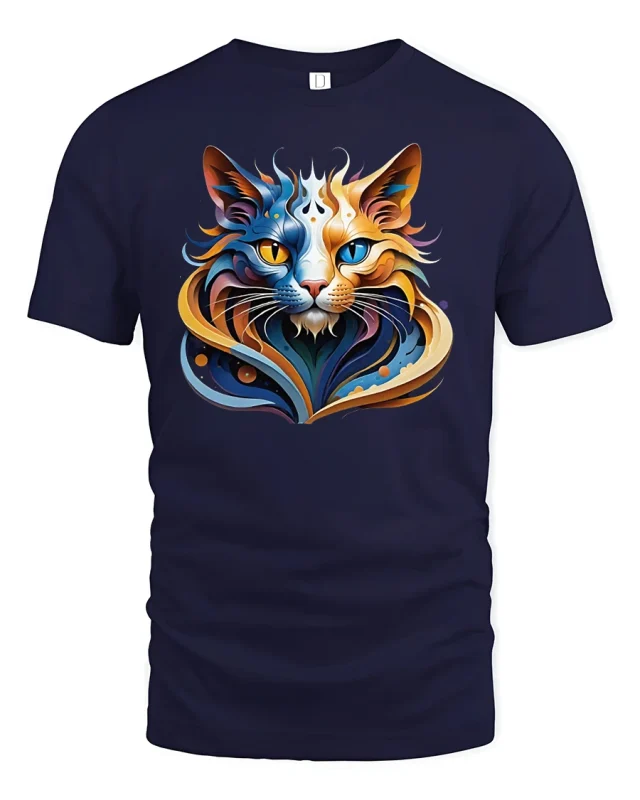 Abstract Colorful Cat Face Artistic T-Shirt - navy t-shirt on white background