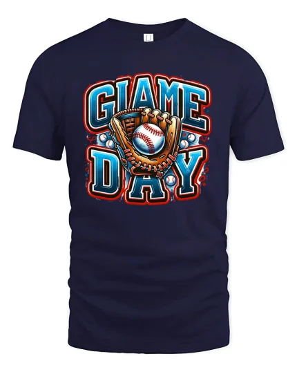 Baseball Game Day Glove Ball T-Shirt - navy t-shirt on white background