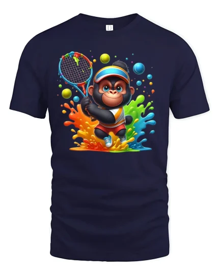 Cute Tennis Chimp Rainbow Tee - navy t-shirt on white background