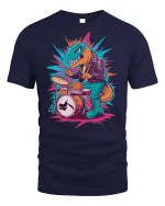Rock Drummer Dinosaur Funny Art T-Shirt - navy t-shirt on white background