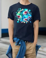 Funny Cartoon Shark Splash Party T-Shirt - model wearing Navy T-shirt, hands in pockets, denim shirt at waist