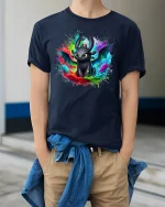 Cute Dragon Color Splash Fantasy T-Shirt - model wearing Navy T-shirt, hands in pockets, denim shirt at waist