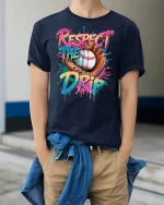 Respect The Drip Baseball Funny T-Shirt - model wearing Navy T-shirt, hands in pockets, denim shirt at waist