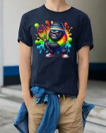 Funny Tennis Gorilla Rainbow T-Shirt - model wearing Navy T-shirt, hands in pockets, denim shirt at waist