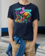 Time 2 Shine Basketball Shoes T-Shirt - model wearing Navy T-shirt, hands in pockets, denim shirt at waist