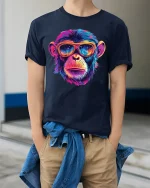 Neon Monkey Sunglasses Cool Art T-Shirt - model wearing Navy T-shirt, hands in pockets, denim shirt at waist