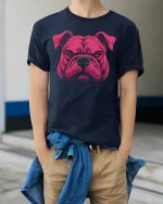 Fierce Bulldog Face T-Shirt - model wearing Navy T-shirt, hands in pockets, denim shirt at waist