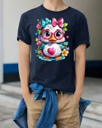 Cute Cartoon Duck Glasses Heart T-Shirt - model wearing Navy T-shirt, hands in pockets, denim shirt at waist