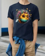 Cute Fuzzy Bee Big Eyes T-Shirt - model wearing Navy T-shirt, hands in pockets, denim shirt at waist