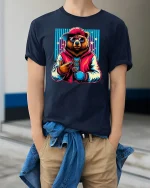 Rapper Bear Hip Hop T-Shirt - model wearing Navy T-shirt, hands in pockets, denim shirt at waist