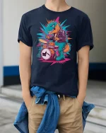 Rock Drummer Dinosaur Funny Art T-Shirt - model wearing Navy T-shirt, hands in pockets, denim shirt at waist