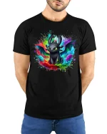 Cute Dragon Color Splash Fantasy T-Shirt - model with hands behind back, wearing Black T-shirt and blue jeans