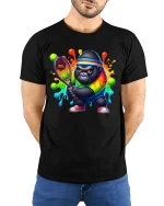 Funny Tennis Gorilla Rainbow T-Shirt - model with hands behind back, wearing Black T-shirt and blue jeans