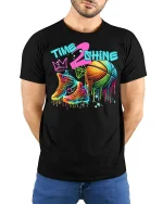Time 2 Shine Basketball Shoes T-Shirt - model with hands behind back, wearing Black T-shirt and blue jeans