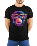 Neon Monkey Sunglasses Cool Art T-Shirt - model with hands behind back, wearing Black T-shirt and blue jeans