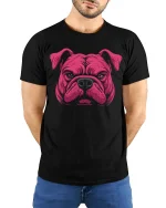Fierce Bulldog Face T-Shirt - model with hands behind back, wearing Black T-shirt and blue jeans