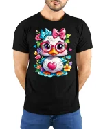 Cute Cartoon Duck Glasses Heart T-Shirt - model with hands behind back, wearing Black T-shirt and blue jeans