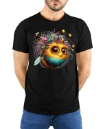 Cute Fuzzy Bee Big Eyes T-Shirt - model with hands behind back, wearing Black T-shirt and blue jeans