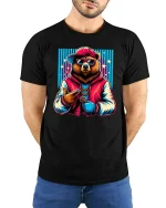 Rapper Bear Hip Hop T-Shirt - model with hands behind back, wearing Black T-shirt and blue jeans